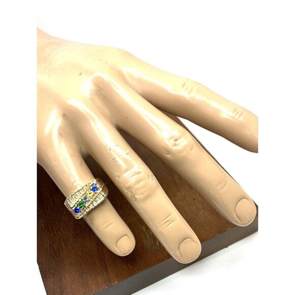 Statement Ring 10k Yellow Gold Cubic Zirconia Multi Color Gemstone Unisex Size 7 - Picture 5 of 14